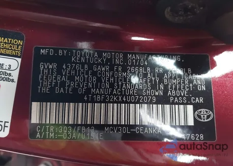 2004 Toyota Camry Le V6 из США, поврежденный, VIN 4T1BF32KX4U072079